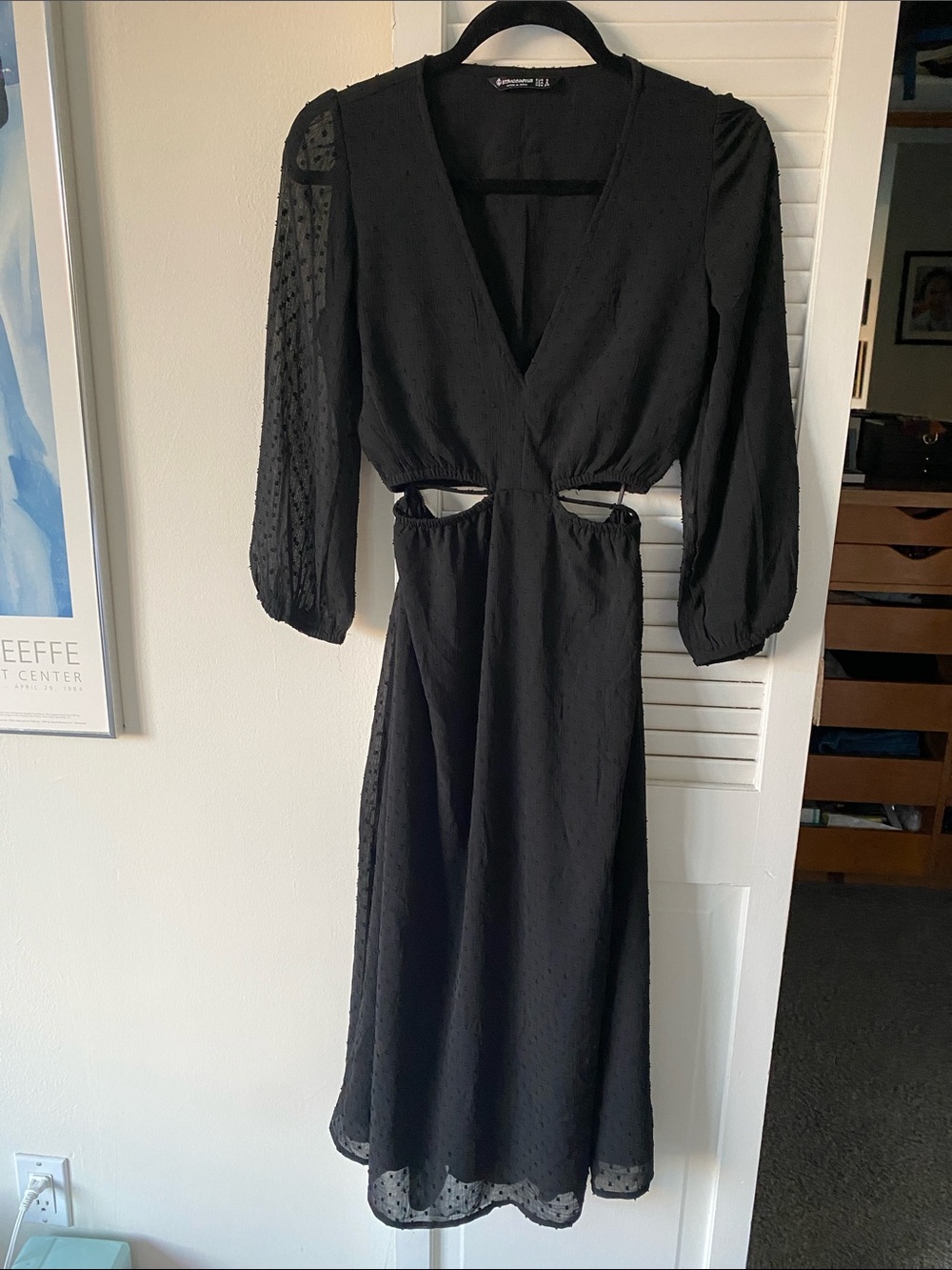 stradivarius Black Midi Dress with Sheer Dot Sleeves and Side Cutouts